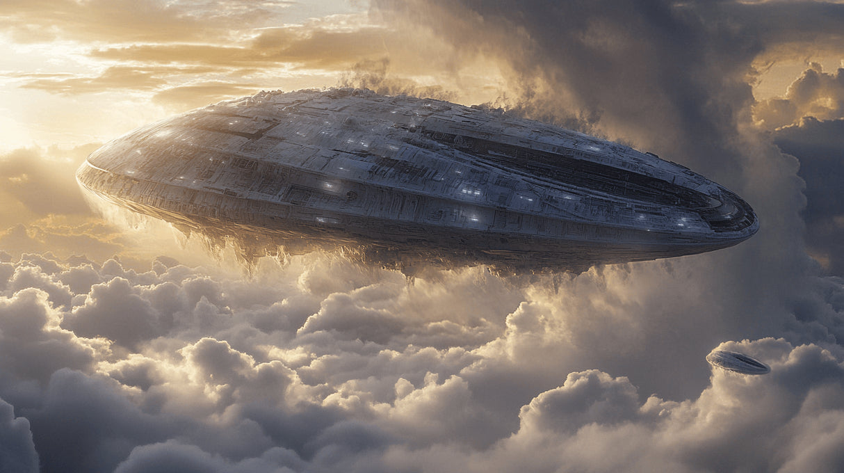 Spacecraft in golden clouds design file showing intricate details and rich color palette