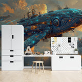 Space whale wallpaper brings sci-fi charm to modern living room with floating furniture and ambient lighting