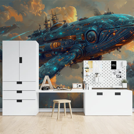 Space whale wallpaper brings sci-fi charm to modern living room with floating furniture and ambient lighting