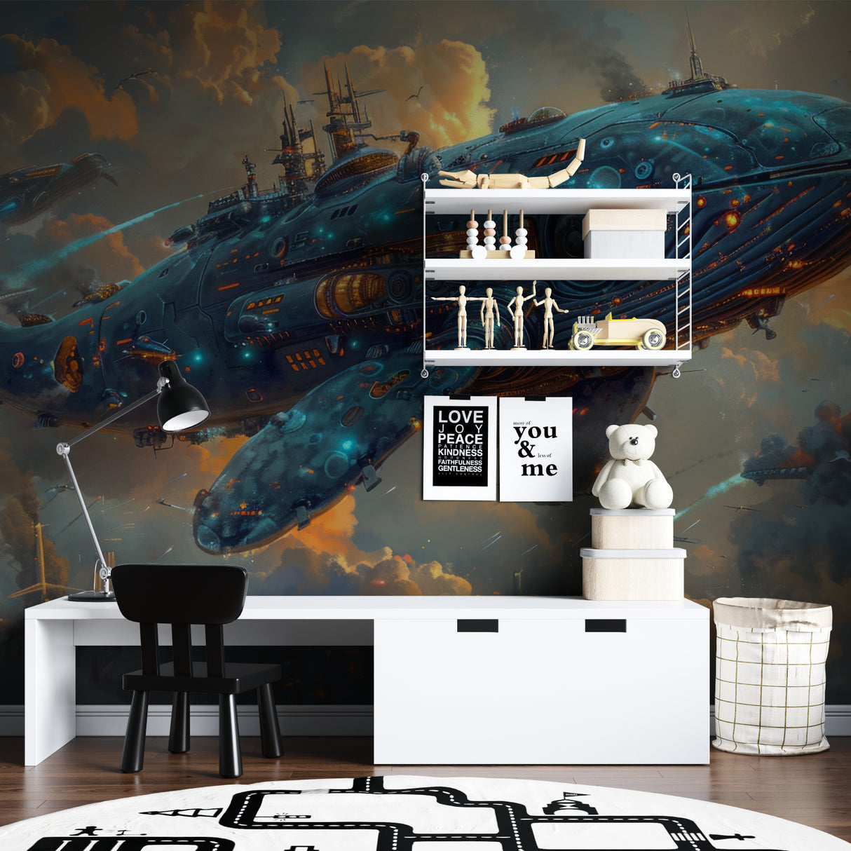 Futuristic whale ship mural creates perfect gaming room backdrop with LED setup