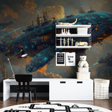 Futuristic whale ship mural creates perfect gaming room backdrop with LED setup