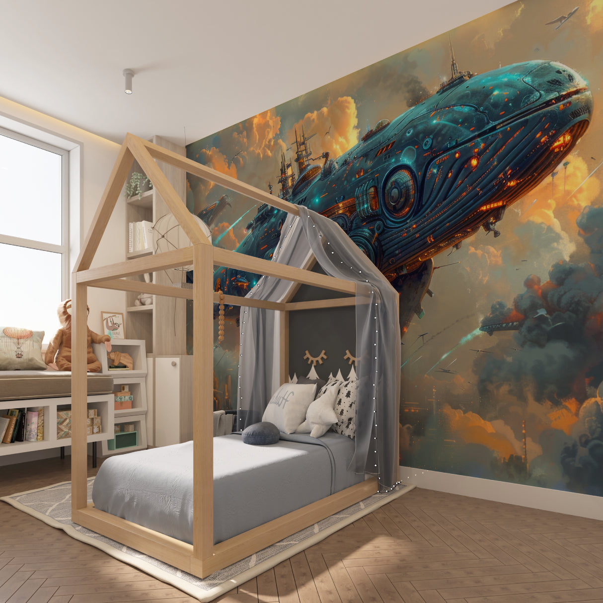 Space themed home office featuring whale spacecraft wallpaper with minimalist desk setup