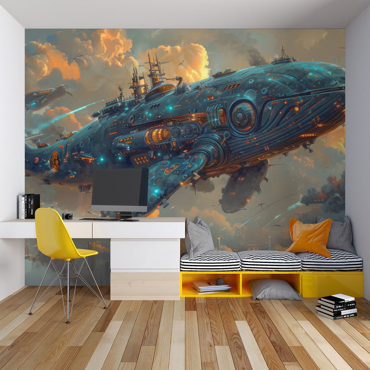 Teen bedroom transformed with space whale mural showing copper and turquoise details