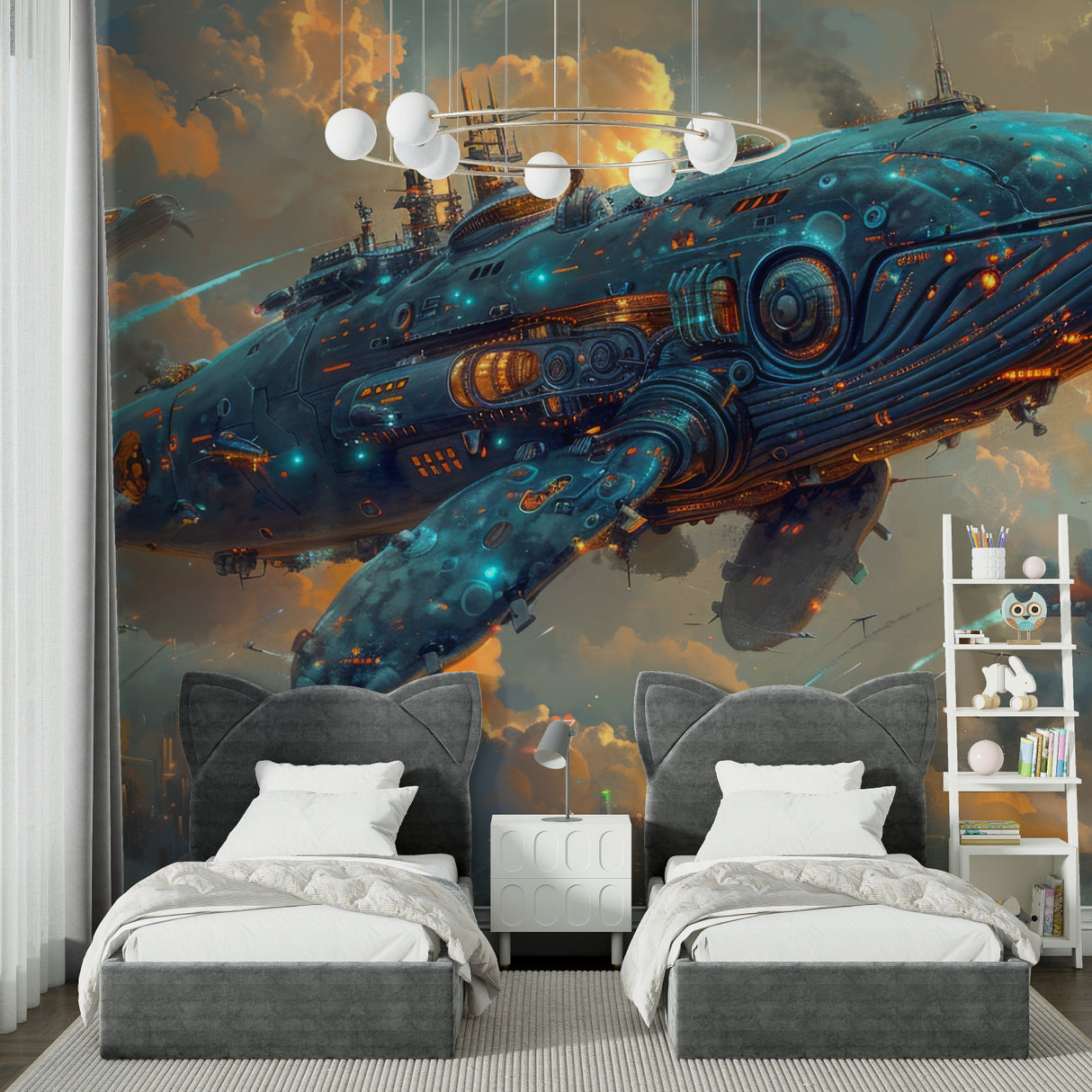 Creative studio space showcasing whale spaceship wall mural in evening light
