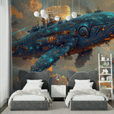 Creative studio space showcasing whale spaceship wall mural in evening light