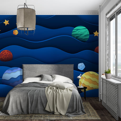 Space theme wallpaper bringing cosmic wonder to a modern kids bedroom with floating planets and stars