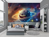 Kids space mural showcasing vibrant planets in a cozy reading nook