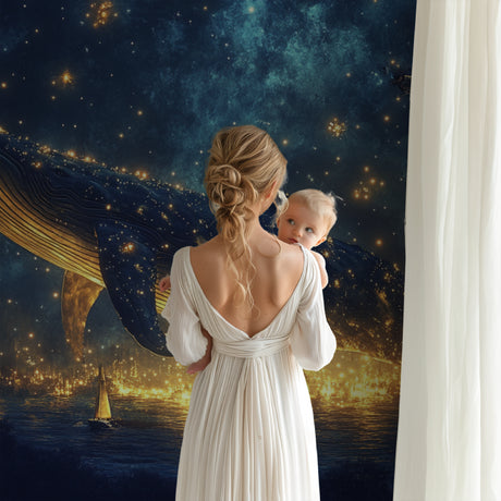 Space whale wallpaper creating magic in a cozy nursery with soft lighting