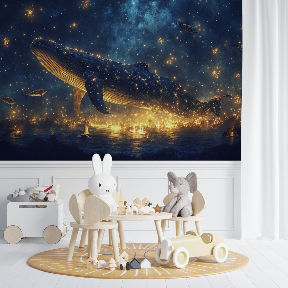 Celestial whale wallpaper transforming a playroom into a dreamy space