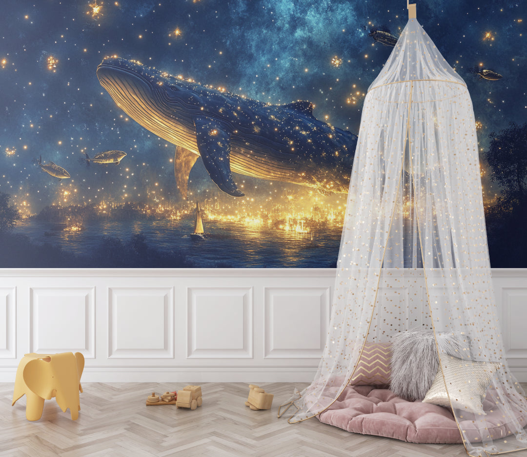 Space whale wall mural adding magic to a reading nook