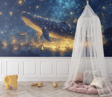 Space whale wall mural adding magic to a reading nook