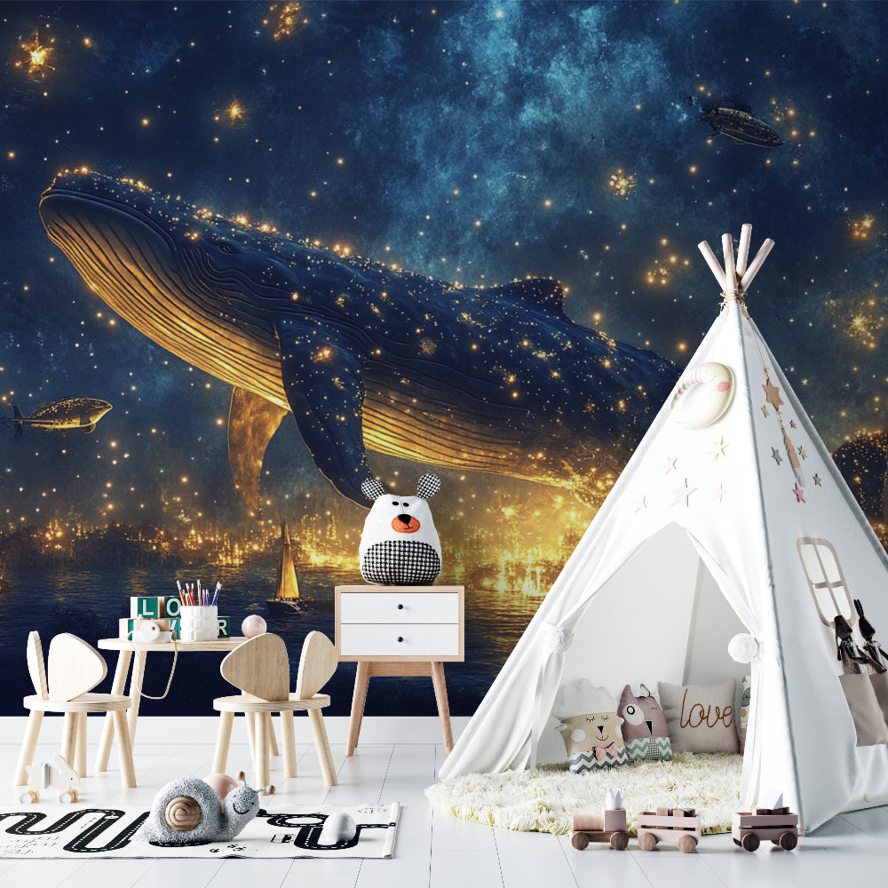 Starlit whale design creating wonder in a modern kids' room