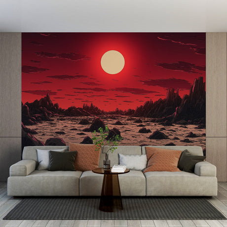 Mars landscape wallpaper creating a dramatic focal point in a modern gaming room with red accent lighting