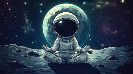 Space mural wallpaper bringing cosmic wonder to a modern kids bedroom, astronaut meditation scene with Earth view