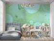Mint green space wallpaper in a modern nursery with white furniture, creating a peaceful sleeping environment
