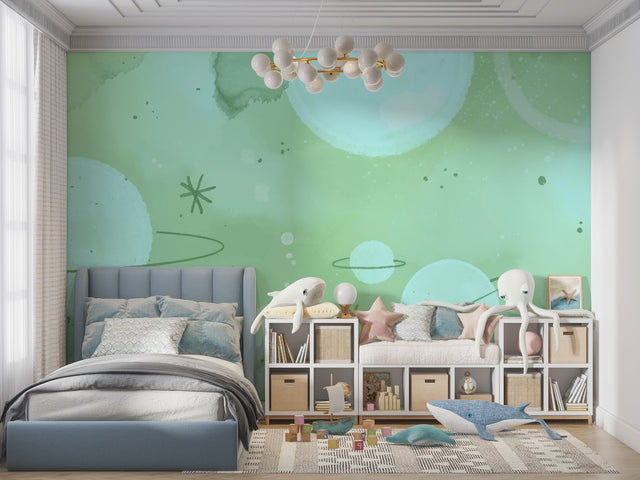 Mint green space wallpaper in a modern nursery with white furniture, creating a peaceful sleeping environment