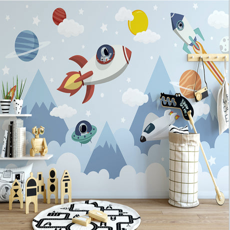 Space adventure wallpaper mockup in bright kids bedroom, showing rockets and planets above mountain peaks