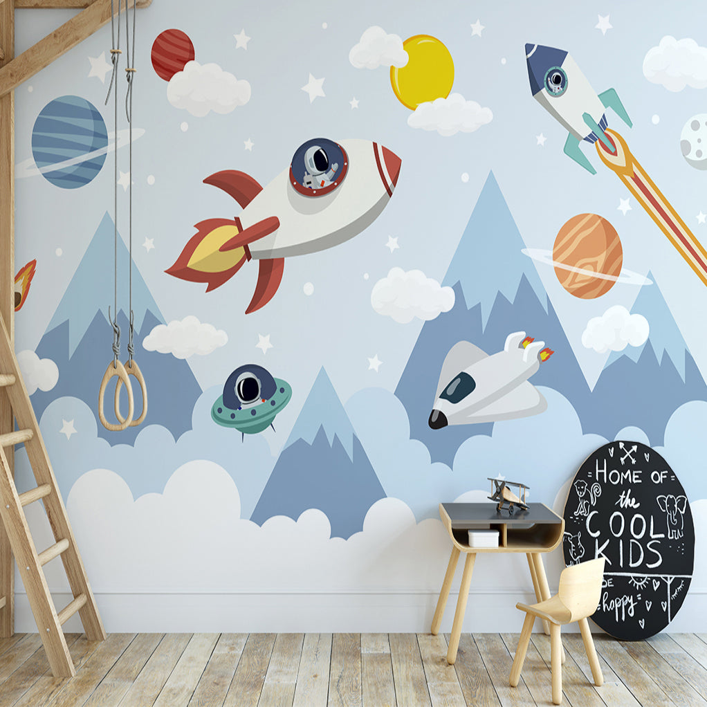 Playroom featuring space themed wallpaper with mountain scenery and floating spaceships