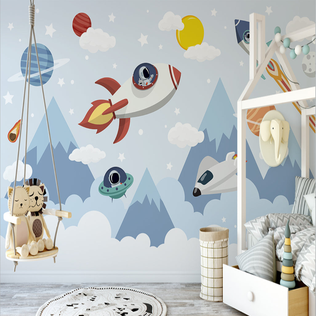 Reading nook with space adventure wallpaper featuring mountains and floating spaceships