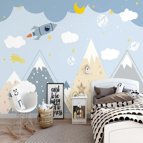 Space adventure wallpaper creating a dreamy atmosphere in a modern nursery with soft lighting and wooden furniture