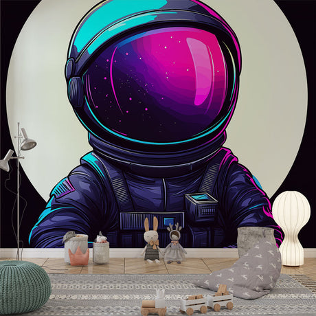 Space wallpaper with neon astronaut design transforms this modern gaming room into a cosmic wonderland