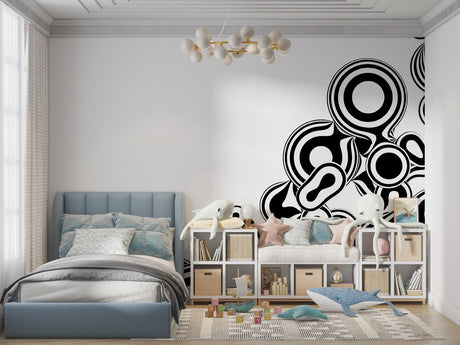 Neon space wallpaper bringing cosmic magic to a modern kids bedroom with glowing rockets and stars