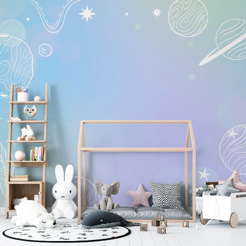 Kids bedroom featuring pastel galaxy wallpaper with floating shelves and reading nook