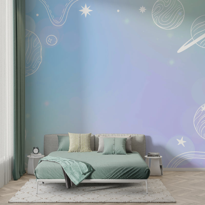 Close-up of pastel space wallpaper showing detailed planet and star designs