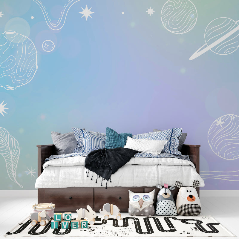 Teen bedroom with galaxy wall mural creating a sophisticated space theme