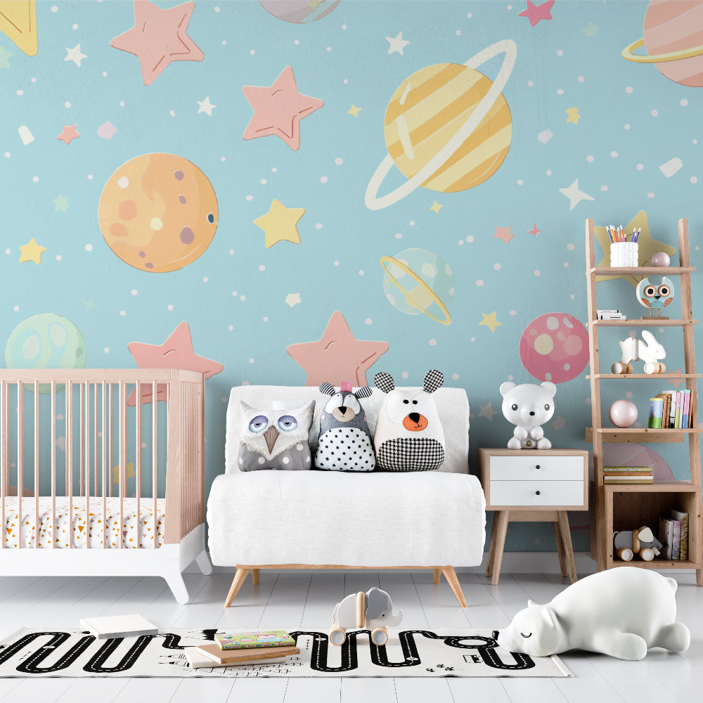 Reading nook with space theme wall mural creating cozy atmosphere