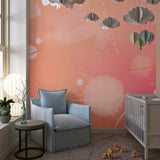 Pink space wallpaper adding wonder to minimal Scandinavian bedroom