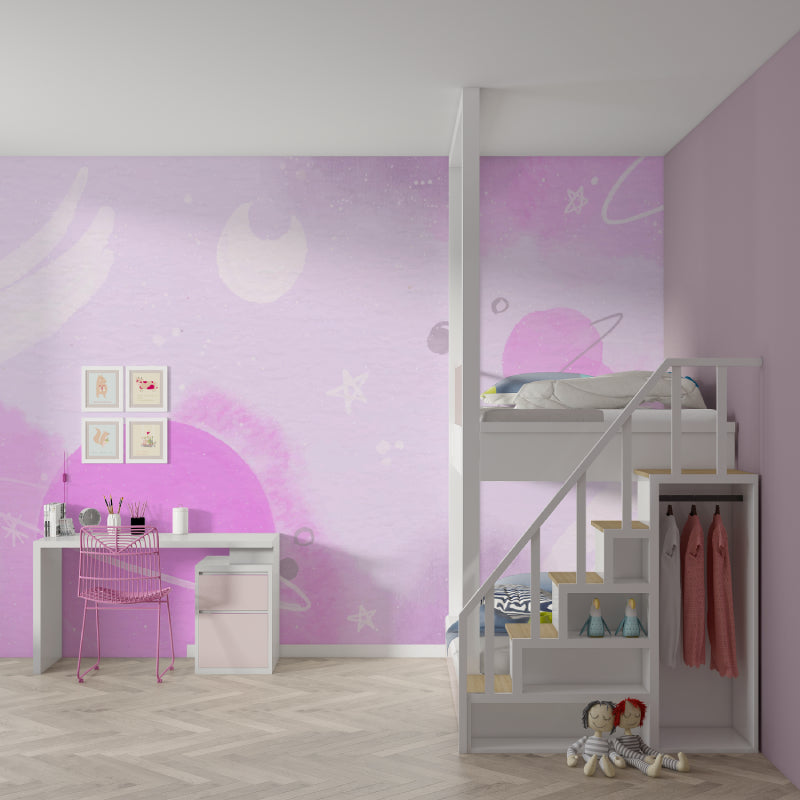 Galaxy wall mural featuring planets in a teenage girl's study room