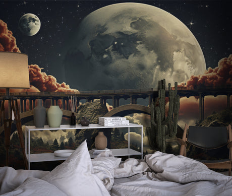 Space bridge wallpaper in modern living room showing dual moons and desert landscape