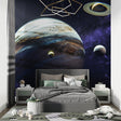 Space mural wallpaper with Jupiter design showcased in modern kids bedroom with telescope