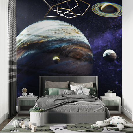 Space mural wallpaper with Jupiter design showcased in modern kids bedroom with telescope
