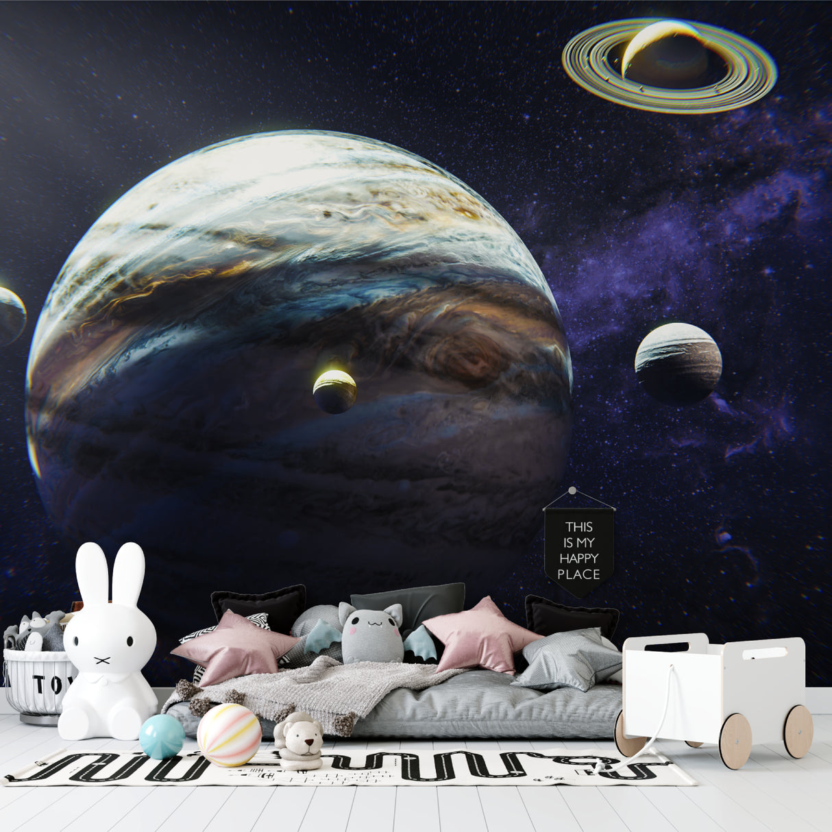 Planet wallpaper mural featuring Jupiter in cozy reading nook setting