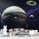 Planet wallpaper mural featuring Jupiter in cozy reading nook setting