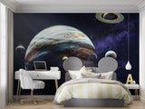 Planetary system wallpaper creating cosmic atmosphere in gaming room