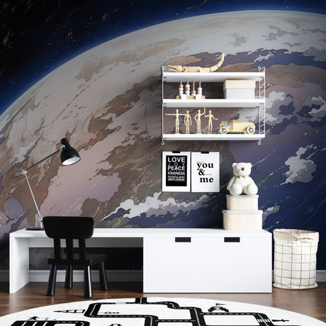 Space mural wallpaper creating cosmic atmosphere in modern living room with blue accent lighting