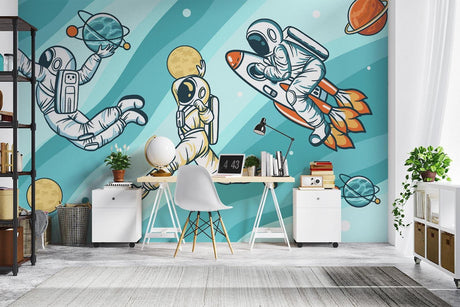 Space themed wallpaper with playful astronauts displayed in a modern kids bedroom, creating an inspiring learning environment
