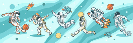 Design file of turquoise space wallpaper with floating astronauts and orange planets pattern
