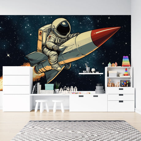 Space adventure wallpaper displayed in a modern kids bedroom, showing retro astronaut and rocket design against dark blue walls