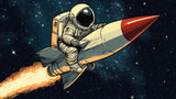 Retro space adventure design file featuring vintage astronaut and red rocket illustration on starry background
