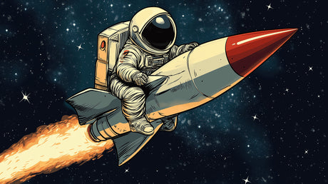 Retro space adventure design file featuring vintage astronaut and red rocket illustration on starry background
