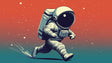Space exploration wallpaper featuring running astronaut shown in modern kids bedroom with colorful decor and playful atmosphere