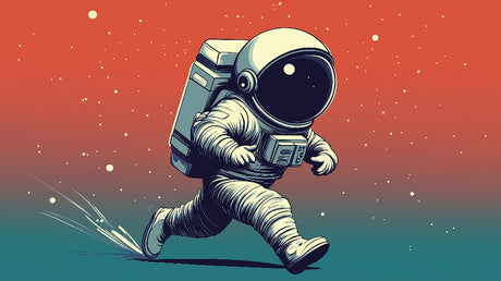 Space exploration wallpaper featuring running astronaut shown in modern kids bedroom with colorful decor and playful atmosphere