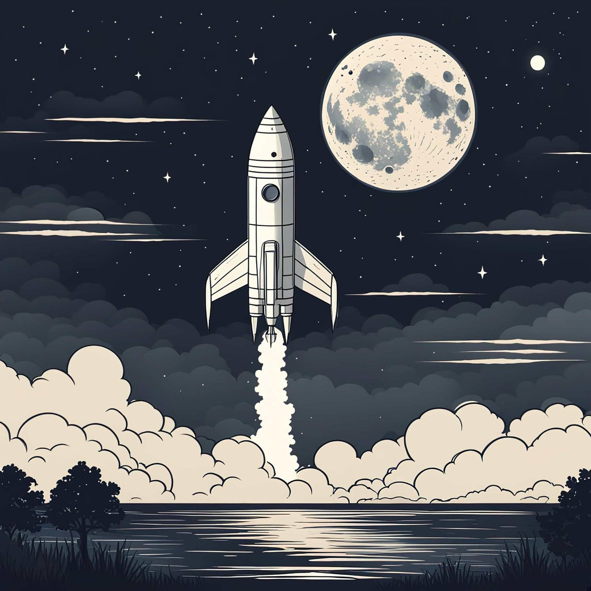 Retro rocket and moon design file showing detailed pattern with navy background and silver accents