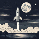 Retro rocket and moon design file showing detailed pattern with navy background and silver accents
