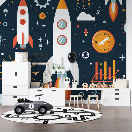 Space rocket wallpaper bringing adventure to a modern kids bedroom with blue and orange accents