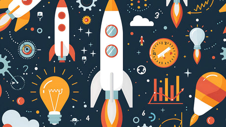 Design file showing detailed rocket launch pattern with navy backdrop and orange accents